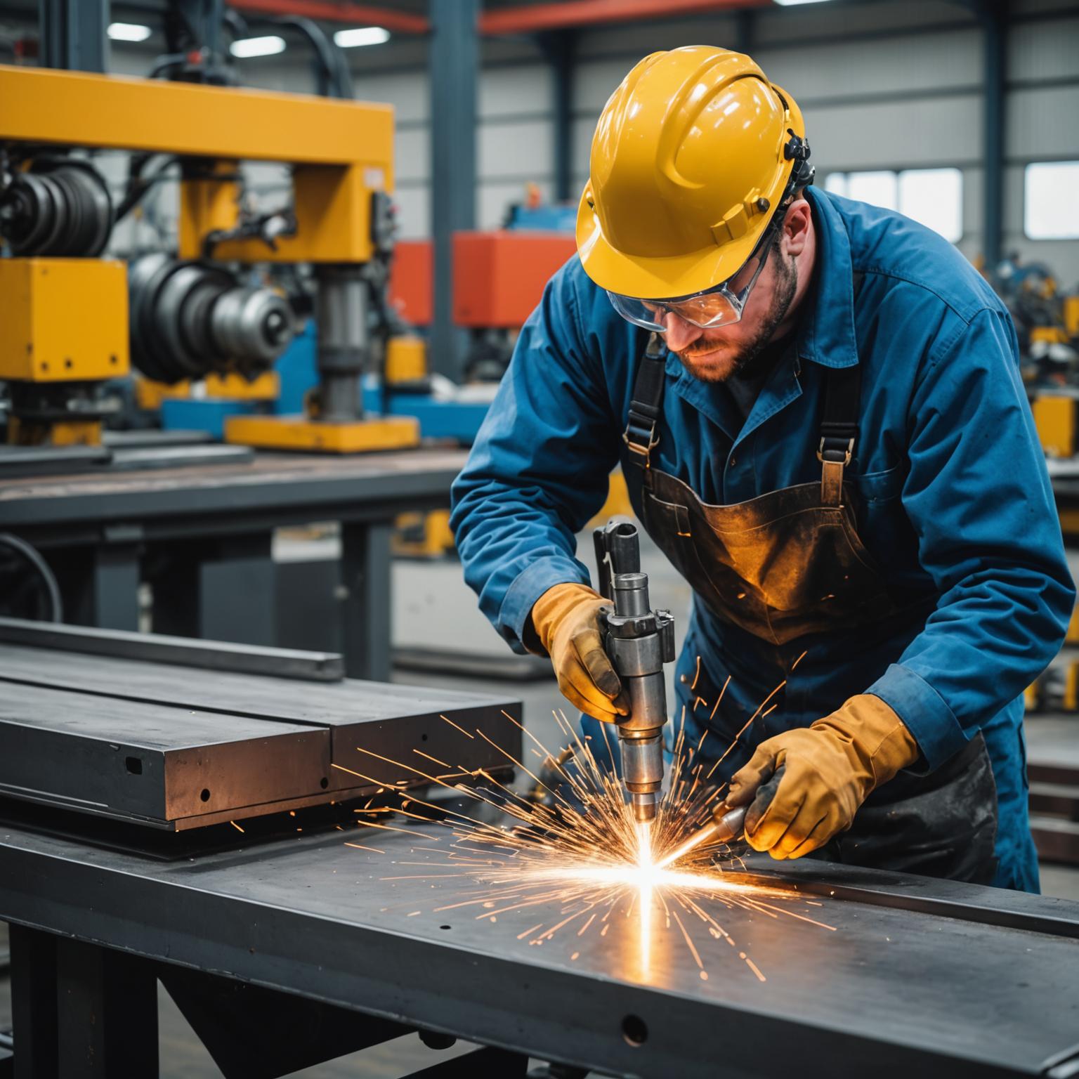 Metal fabrication workshop with sparks flying